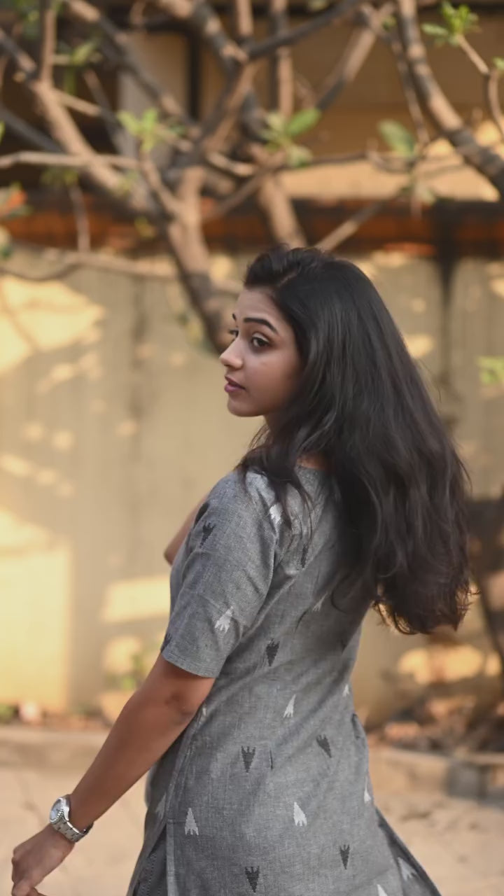 Grey Ikat Print Pure Cotton Kurta with Matching Trousers