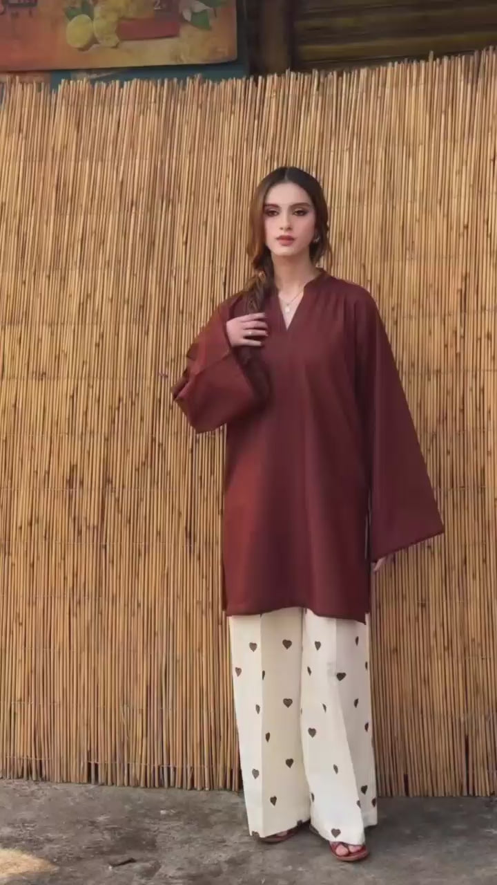 Premium Pure Dhanak Solid Straight Kurti with Off-White Heart Print Palazzo Pants