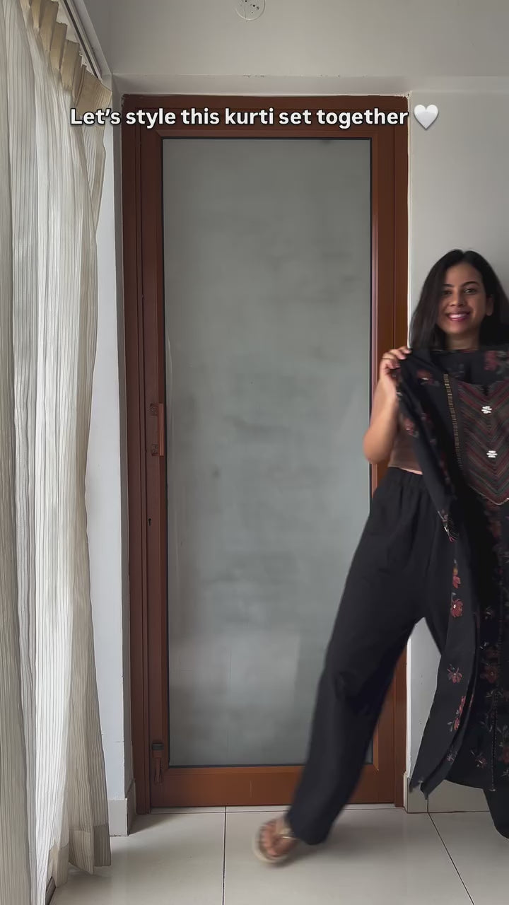 Kala- Black Floral & Embllished Kurta with Striped Pant