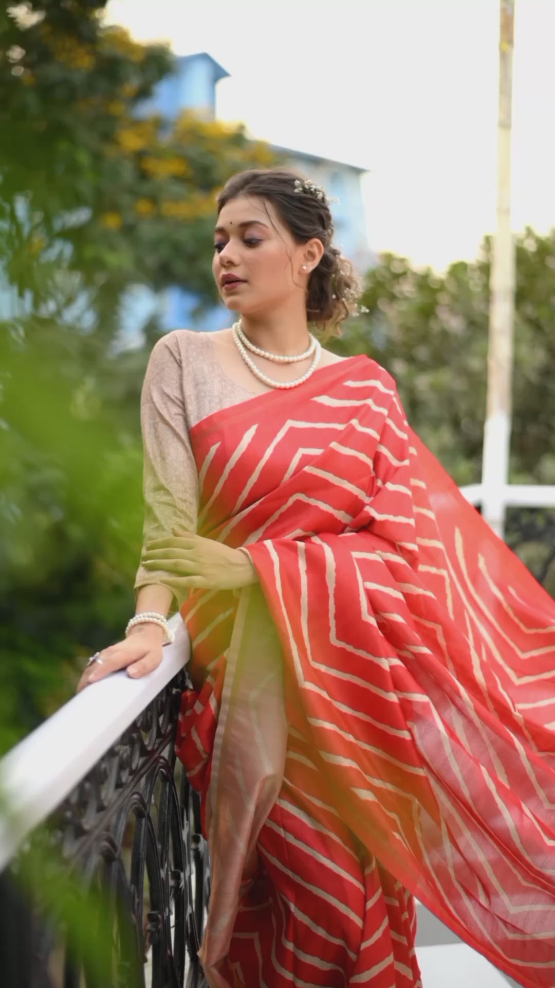 Leheriya - Printed Art Silk Saree in Peach