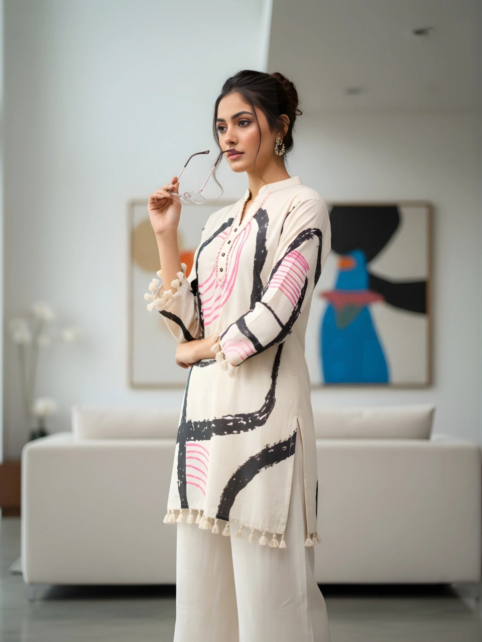 Modern Ethnic Cream Kurta Palazzo Set